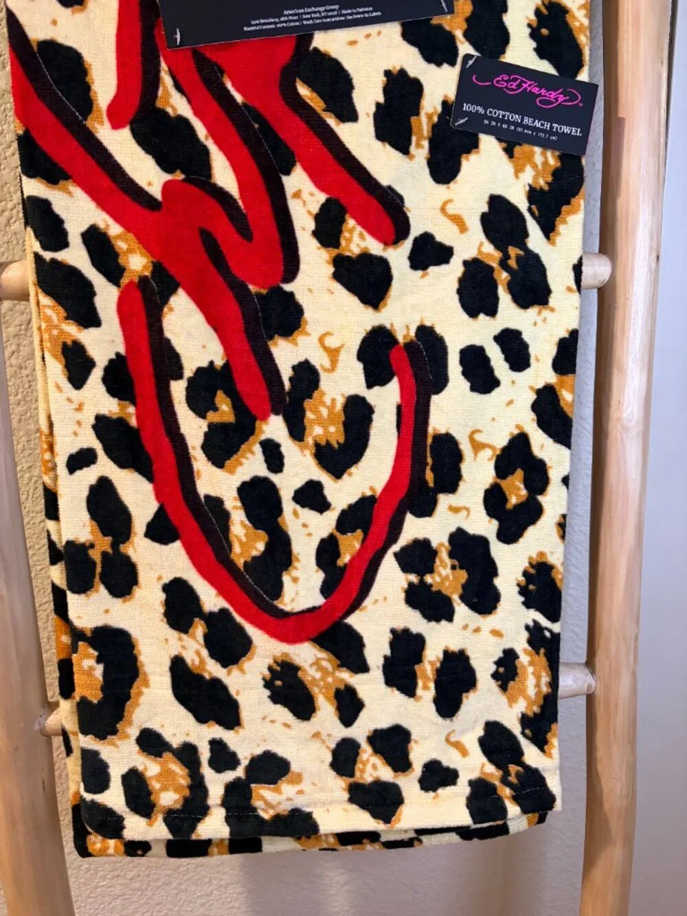 Ed Hardy Leopard Print Beach Towel 100% Cotton Red Script 36x68 NWT